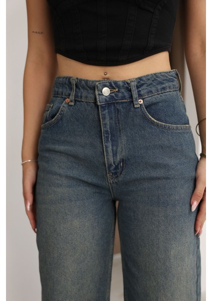 Mavi Yüksek Bel Taş Yıkamalı Tint Efektli Palazzo Kot Pantolon fiyatları