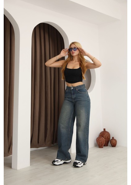 Mavi Yüksek Bel Taş Yıkamalı Tint Efektli Palazzo Kot Pantolon fırsatları