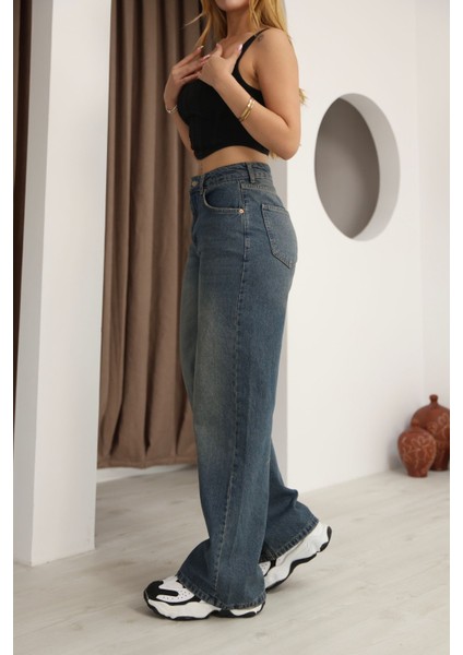 Mavi Yüksek Bel Taş Yıkamalı Tint Efektli Palazzo Kot Pantolon indirimleri