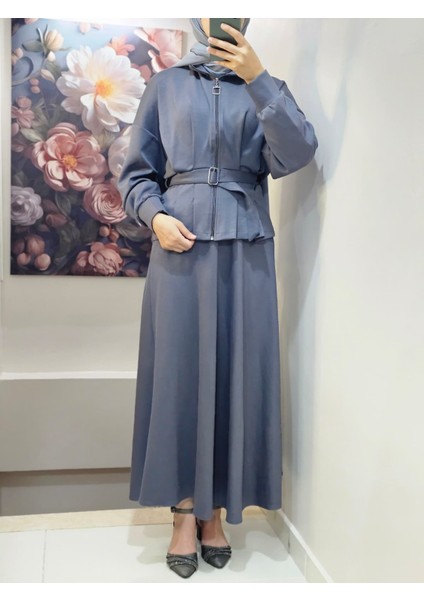 Kadın Tesettür Ikili Takım Etekli Ceketli Kuşaklı Eylül Takım
