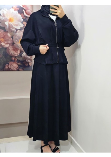 Kadın Tesettür Ikili Takım Etekli Ceketli Kuşaklı Eylül Takım