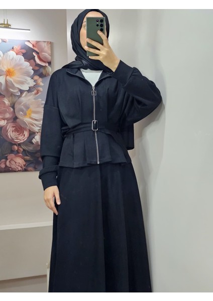 Kadın Tesettür Ikili Takım Etekli Ceketli Kuşaklı Eylül Takım