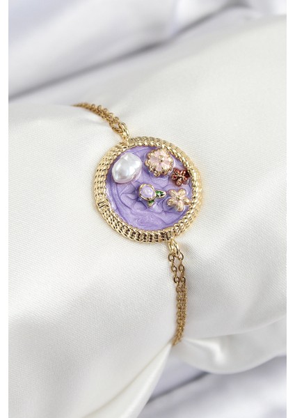 316L Çelik Zincir Mor Mineli Sanatsal Portre İnci Detaylı Çiçek Model Gold Renk Kadın Bileklik
