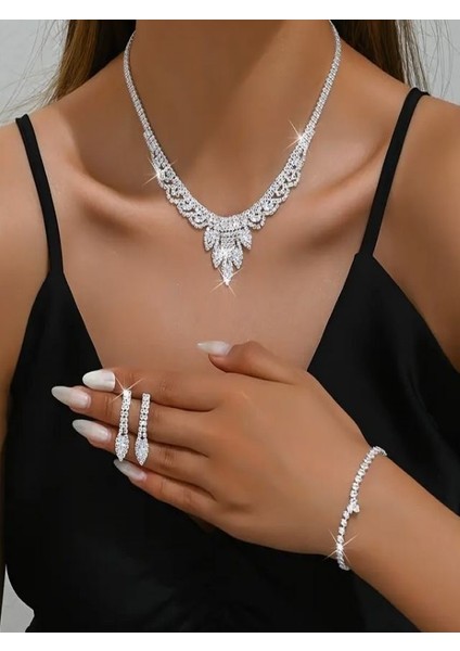 Gümüş Kaplama Zirkon Taşlı 4 Parça Düğün Takı Seti