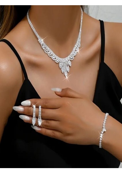 Gümüş Kaplama Zirkon Taşlı 4 Parça Düğün Takı Seti fiyatları