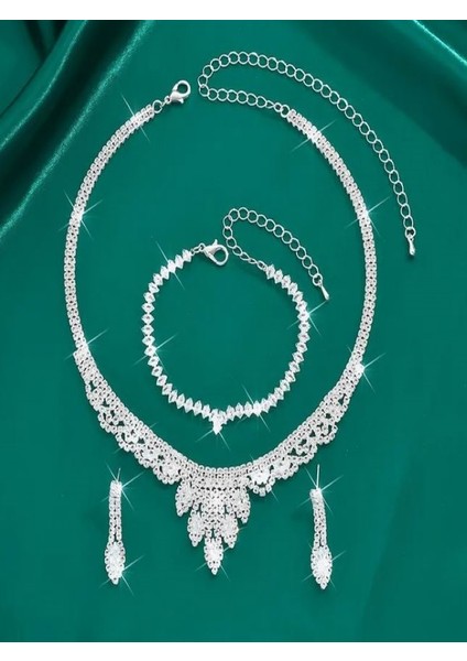 Gümüş Kaplama Zirkon Taşlı 4 Parça Düğün Takı Seti modelleri