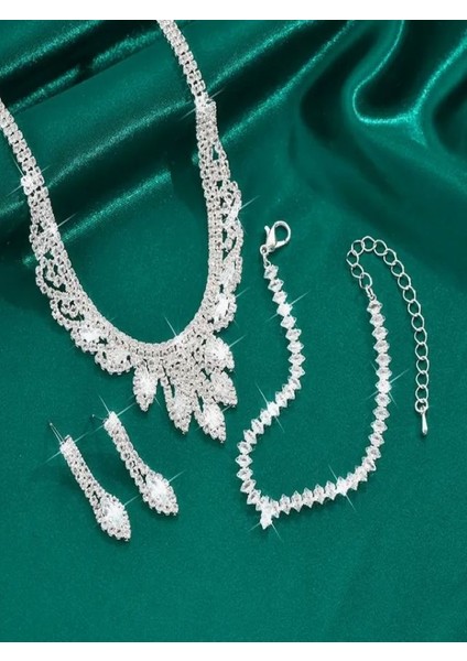 Gümüş Kaplama Zirkon Taşlı 4 Parça Düğün Takı Seti