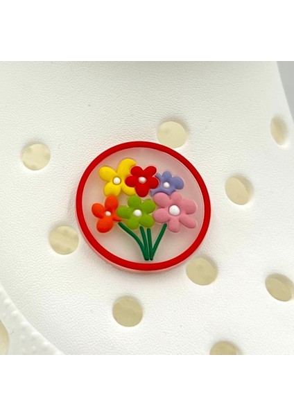 Terlik Süsü ve Aksesuarı , Çanta Süsü – Jibbitz 3D Çiçekli Yuvarlak Tablo Logo Aksesuar