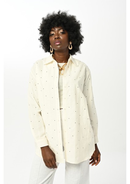 Kadın Yapıştırma Taş Işlemeli Ekru Renk Oversize Gömlek