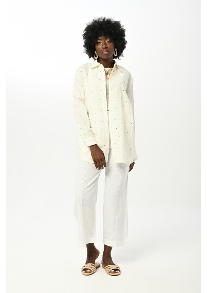 Kadın Yapıştırma Taş Işlemeli Ekru Renk Oversize Gömlek fırsatları