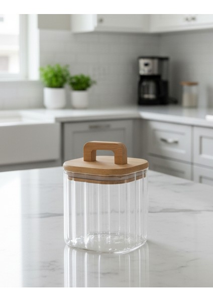 Lunel Bambu Vakum Kapaklı Kare Çizgili Cam Kavanoz – Çay Kahve Bakliyat Saklama Kabı 700 ml