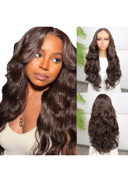 Gür Yoğun Su Dalgalı Koyu Kumral Fiber Sentetik Uzun Tül Peruk