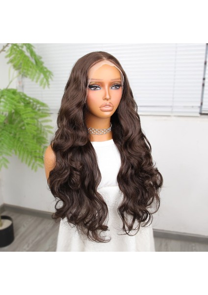 Gür Yoğun Su Dalgalı Koyu Kumral Fiber Sentetik Uzun Tül Peruk modelleri