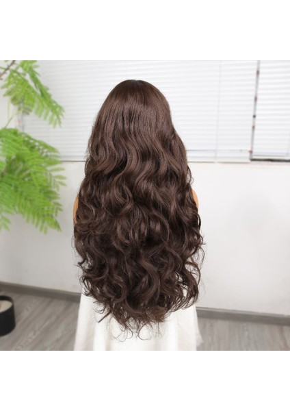 Gür Yoğun Su Dalgalı Koyu Kumral Fiber Sentetik Uzun Tül Peruk indirimleri