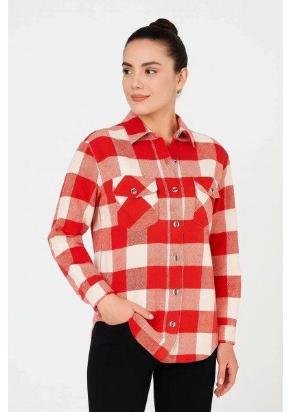 Kadın Oduncu Gömlek – Uzun Kollu, Şardonlu Kumaş, Kırmızı Beyaz Kareli Desen, Regular Fit, Çift Cepli, Manşetli Günlük Şık Stil - Bordo