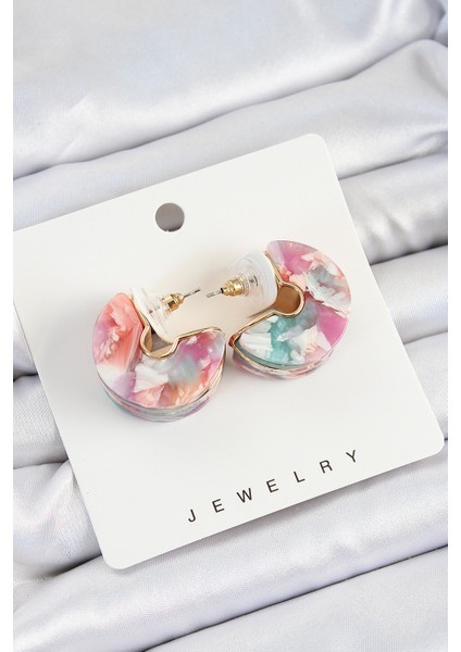 Pirinç Mermer Desenli Vintage Yarım Halka Model Gold Renk Kadın Küpe