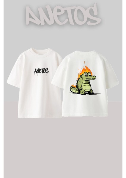 Timsah Tasarım Sırt Baskılı Pamuk Beyaz Oversize T-Shirt