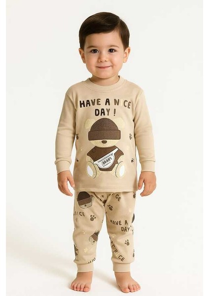 Ekru Ayıcık 1-2-3 Yaş Çocuk Alt Üst Takım Pijama Takım modelleri