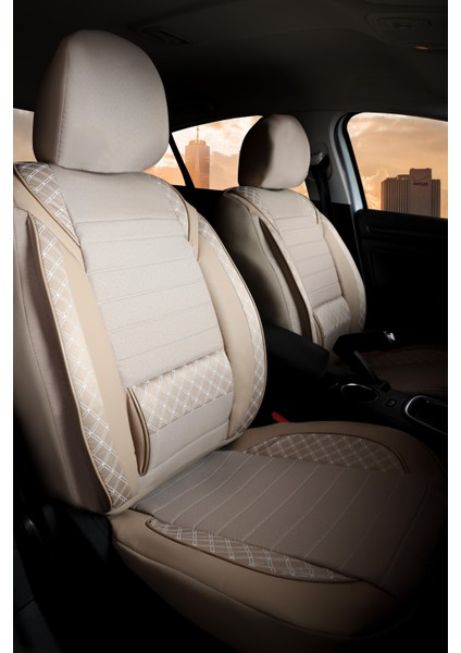 Chevrolet Lacetti Uyumlu Lüks Yarı Deri Bel Destekli Oto Koltuk Kılıfı Vera Series Bej Renk