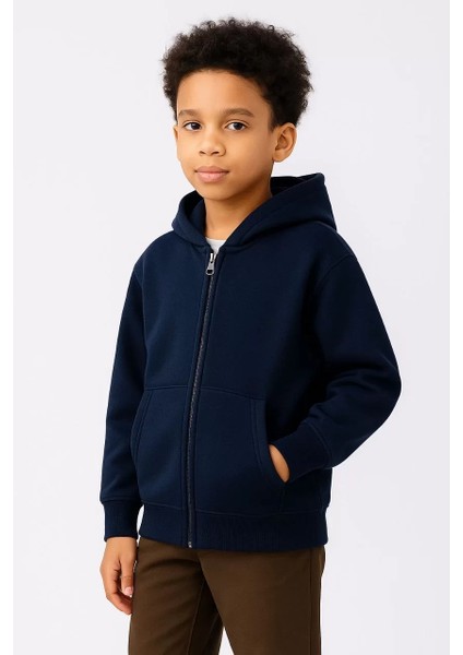 Erkek Çocuk Kapüşonlu Kanguru Çepli Tam Fermuarlı Hırka Sweatshirt - Lacivert