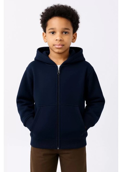 Erkek Çocuk Kapüşonlu Kanguru Çepli Tam Fermuarlı Hırka Sweatshirt - Lacivert fiyatları