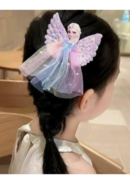 Kız Çocuk Elsa Karakterli Karışık Renk ve Model Kurdele Desenli Tüllü Ikili Toka