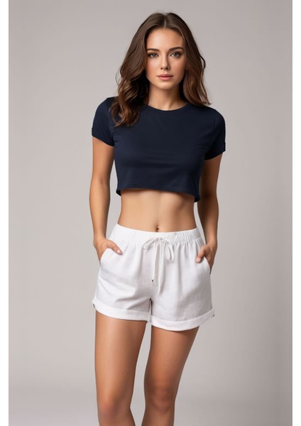 Indigo Bisiklet Yaka Slim Fit Crop Top