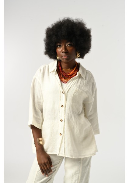 Kadın %100 Keten Truvakar Kollu Düz Renk Tek Cepli Gömlek