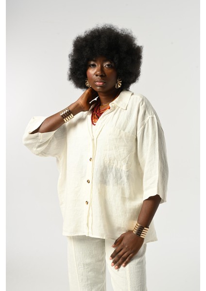 Kadın %100 Keten Truvakar Kollu Düz Renk Tek Cepli Gömlek modelleri