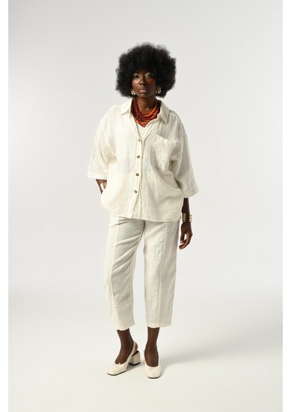 Kadın %100 Keten Truvakar Kollu Düz Renk Tek Cepli Gömlek fırsatları