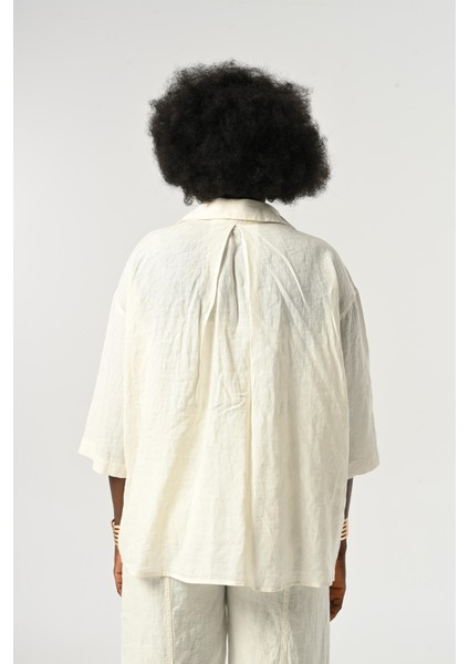 Kadın %100 Keten Truvakar Kollu Düz Renk Tek Cepli Gömlek indirimleri