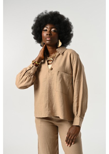 Kadın Karamel Rengi Keten V Yaka Düğme Detaylı Gömlek fiyatları