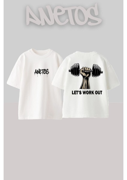 Lets Work Out Tasarım Sırt Baskılı Pamuk Beyaz Oversize T-Shirt