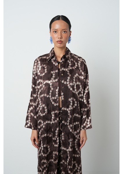 Kadın Kahverengi Desenli Uzun Tunik Tesettür Gömlek - Elbise