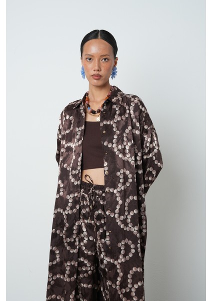 Kadın Kahverengi Desenli Uzun Tunik Tesettür Gömlek - Elbise modelleri