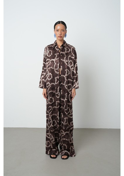 Kadın Kahverengi Desenli Uzun Tunik Tesettür Gömlek - Elbise fırsatları