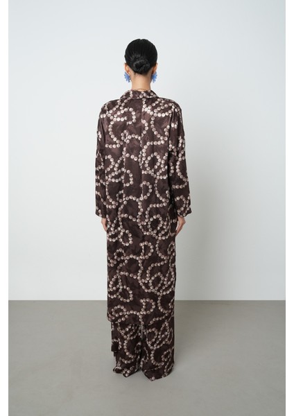 Kadın Kahverengi Desenli Uzun Tunik Tesettür Gömlek - Elbise indirimleri