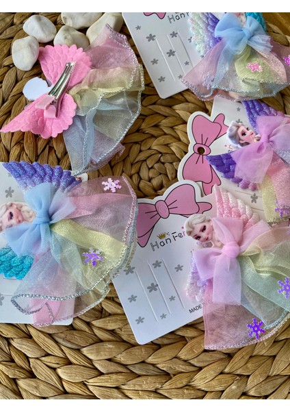 Kız Çocuk Elsa Karakterli Karışık Renk ve Model Kurdele Desenli Tüllü Ikili Toka modelleri