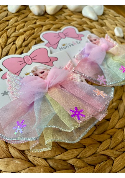 Kız Çocuk Elsa Karakterli Karışık Renk ve Model Kurdele Desenli Tüllü Ikili Toka