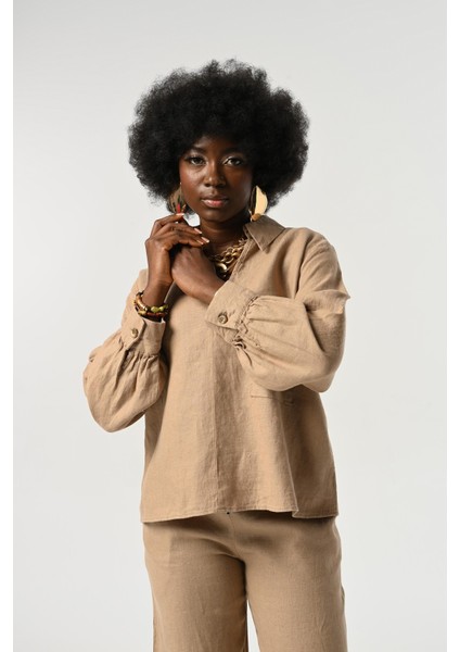 Kadın Karamel Rengi Keten V Yaka Düğme Detaylı Gömlek modelleri