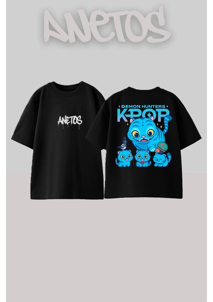 Kpop Cat Tasarım Sırt Baskılı Pamuk Siyah Oversize T-Shirt