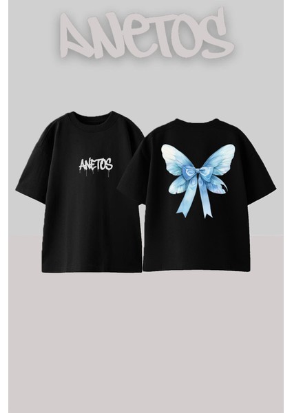 Mavi Kelebek Tasarım Sırt Baskılı Pamuk Siyah Oversize T-Shirt