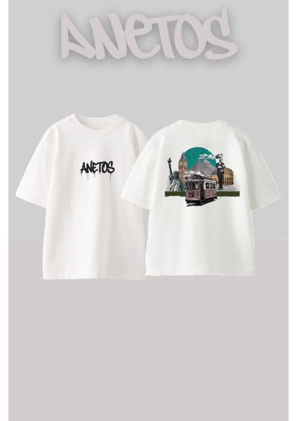 Social Media Tasarım Sırt Baskılı Pamuk Beyaz Oversize T-Shirt