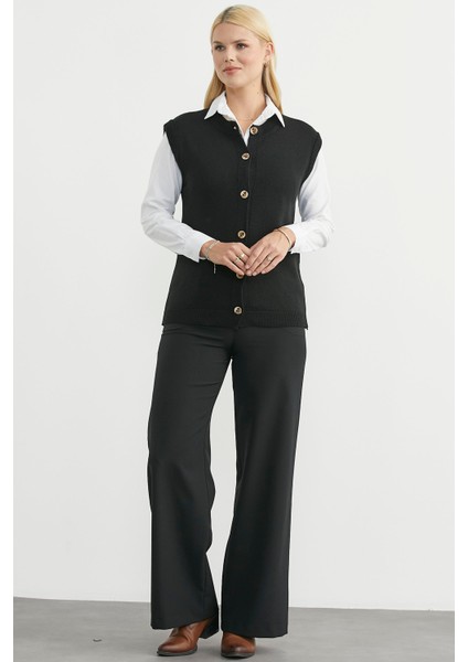 Düğme Kapamalı Yünlü Triko Yelek - Siyah fiyatları