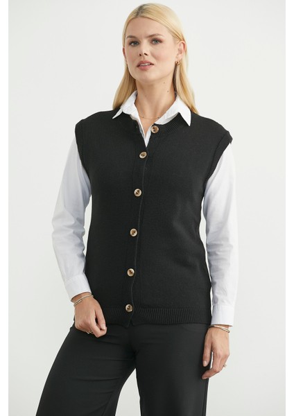 Düğme Kapamalı Yünlü Triko Yelek - Siyah modelleri