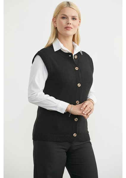 Düğme Kapamalı Yünlü Triko Yelek - Siyah fırsatları