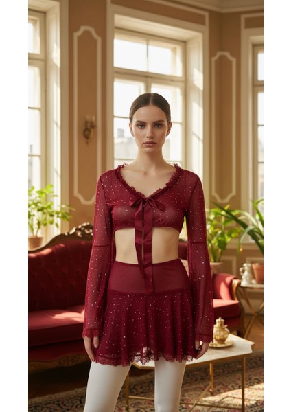 Bordo Taş Baskılı Fantezi Gecelik