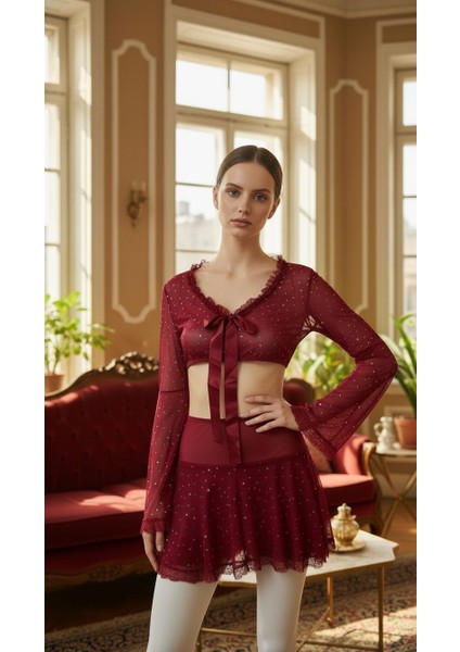 Bordo Taş Baskılı Fantezi Gecelik modelleri