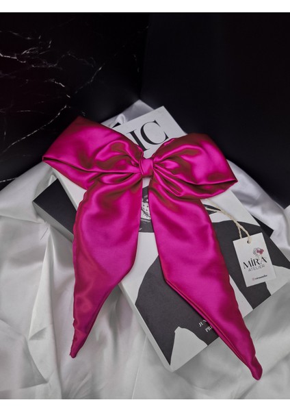Kadın Saten Fiyonk Saç Tokası / Büyülü Fuşya – Otomatik Klipsli - Uzun Boy