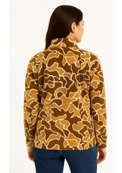 Kadın Yarım Fermuarlı Desenli Polar Sweat Yakalı, Uzun Kollu, Oversize Rahat Kalıp - Kahverengi fiyatları